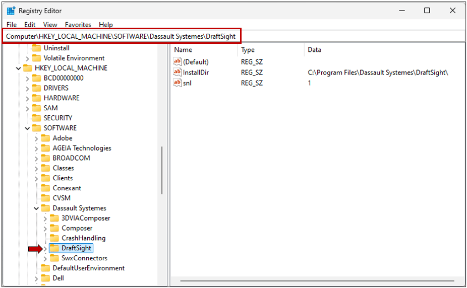 Windows Kayıt Defteri Düzenleyici ekranında HKEY_LOCAL_MACHINE DraftSight anahtarı