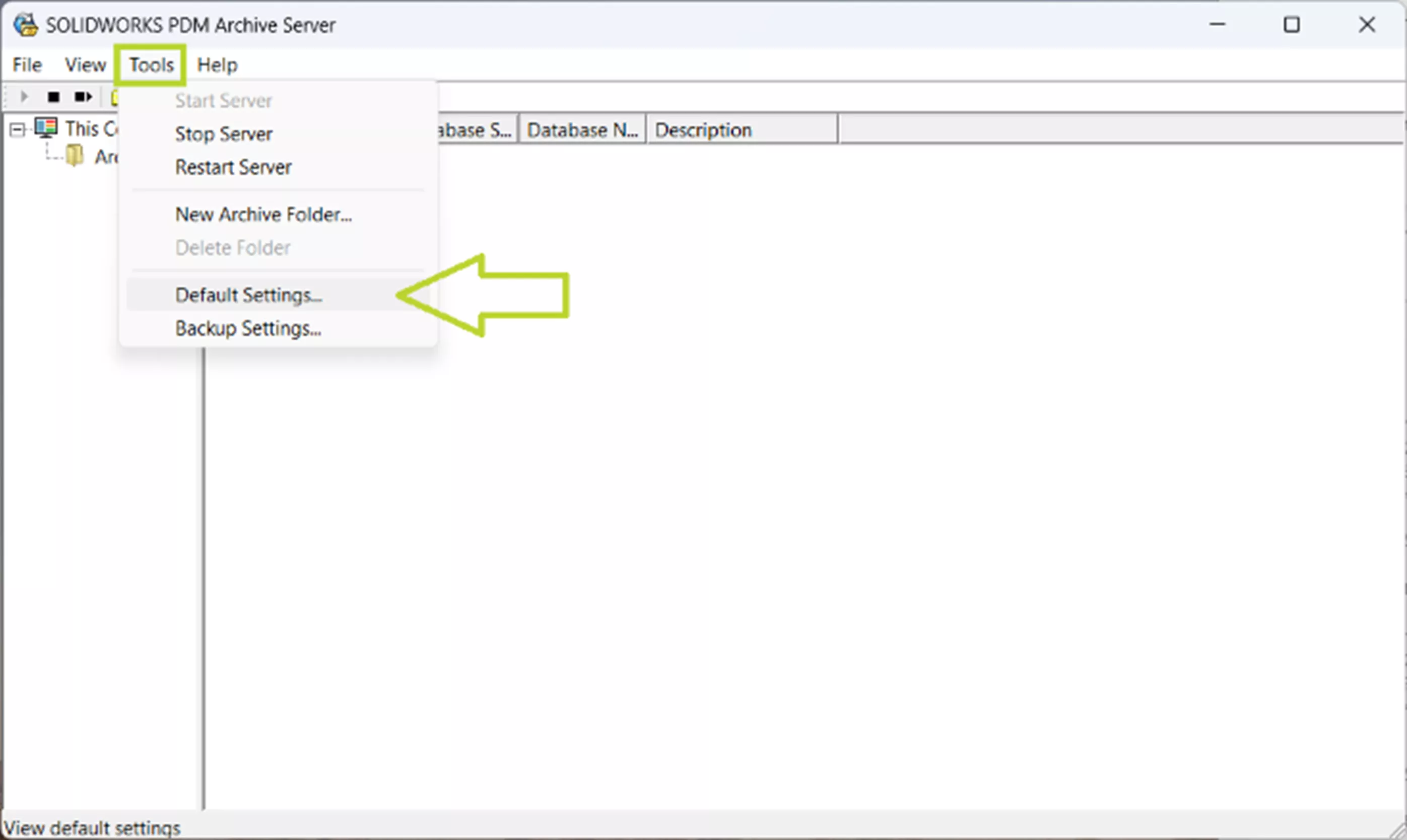 SOLIDWORKS PDM Arşiv Sunucusu varsayılan ayarlar ekranı