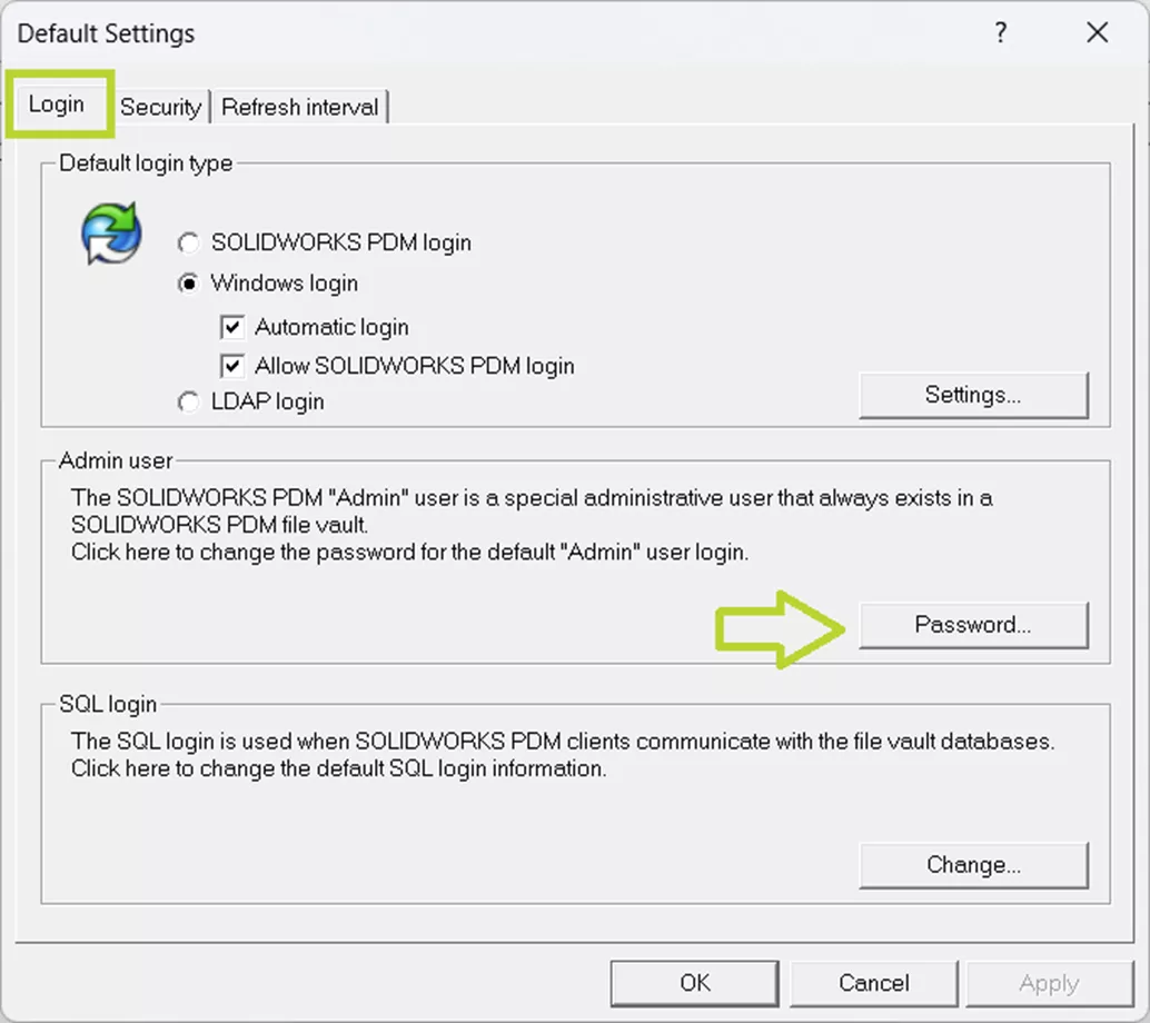 SOLIDWORKS PDM Arşiv şifre ayarlama iletişim kutusu
