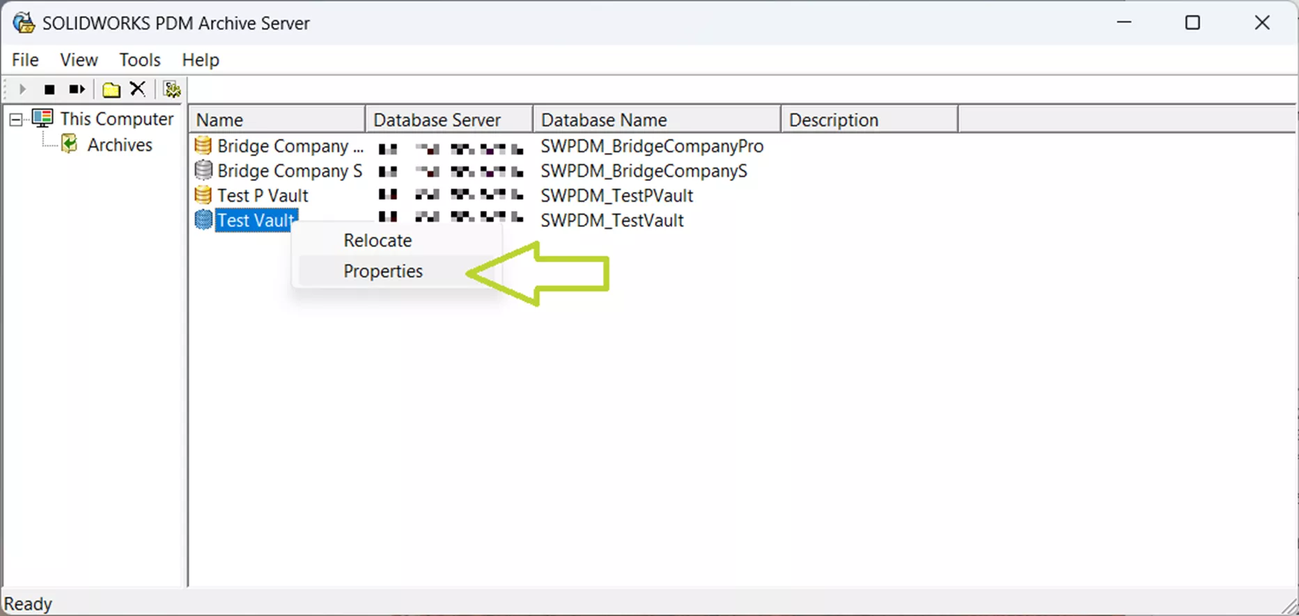 SOLIDWORKS PDM Arşiv özellikler penceresi