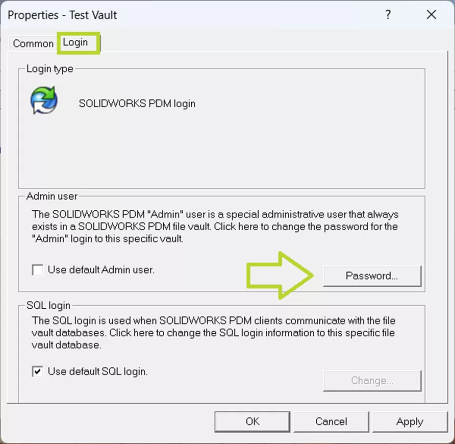 SOLIDWORKS PDM yeni şifre ayarlama ekranı