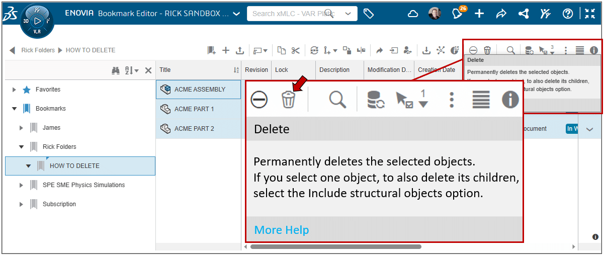 Ekran görüntüsü: 3DEXPERIENCE Bookmark Editor uygulamasında dosya silme adımları ve Delete simgesi