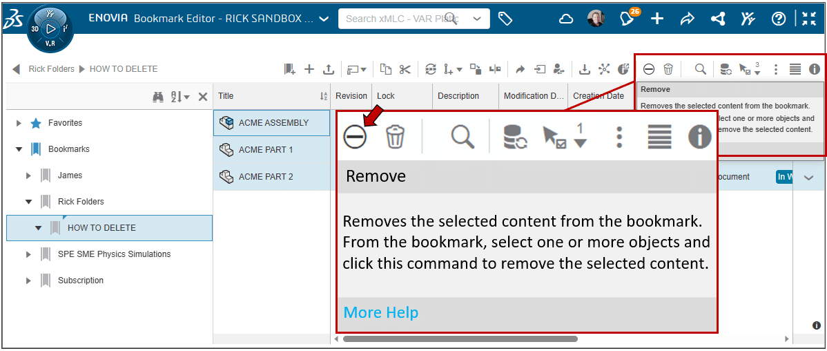 Schermata: azione Remove nel Bookmark Editor di 3DEXPERIENCE