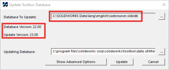 Toolbox veritabanı güncelleme diyalog penceresi ve sürüm bilgileri