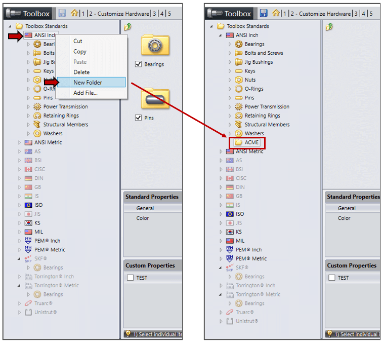 SOLIDWORKS Toolbox yeni klasör oluşturma ekranı