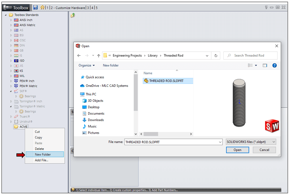 SOLIDWORKS Toolbox klasör ekleme ekranı