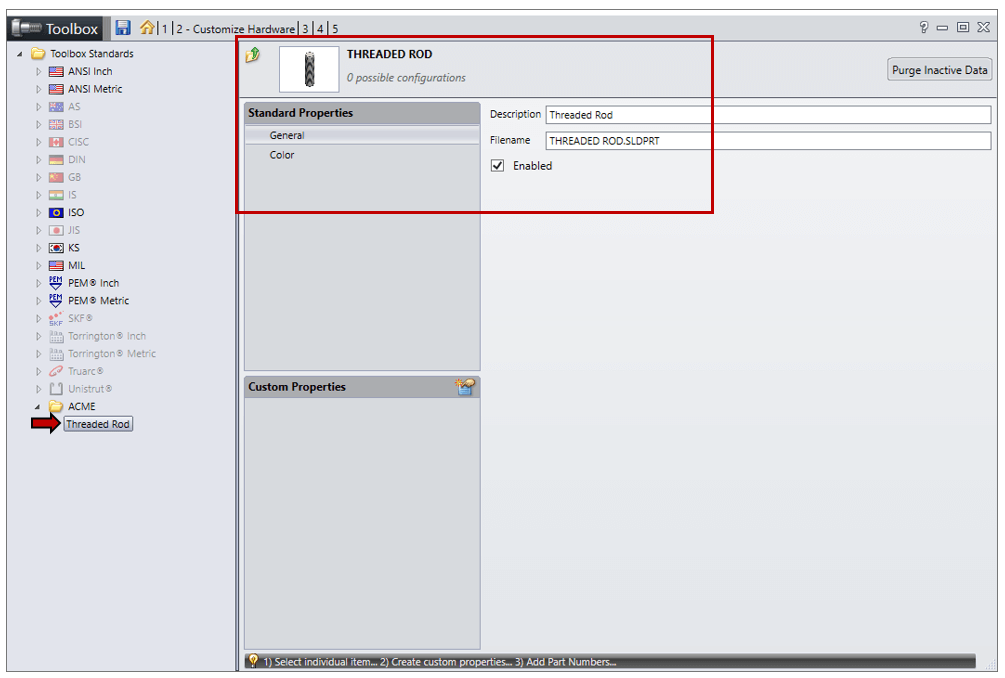 SOLIDWORKS Toolbox donanım özelleştirme ekranı