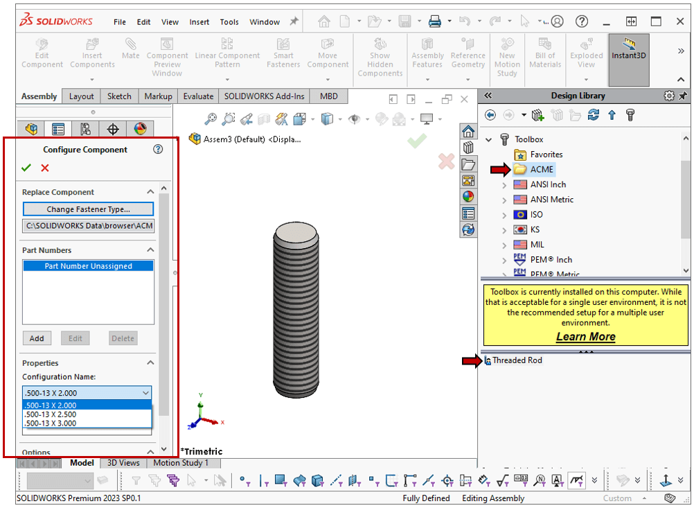 SOLIDWORKS Tasarım Kütüphanesi Toolbox ekranı
