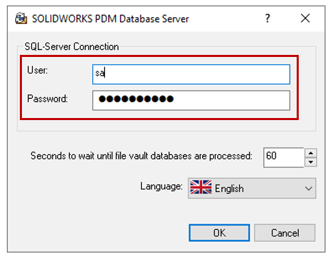 SOLIDWORKS PDM Veritabanı Sunucu yapılandırma ekranı - SQL kimlik bilgilerini güncelleme