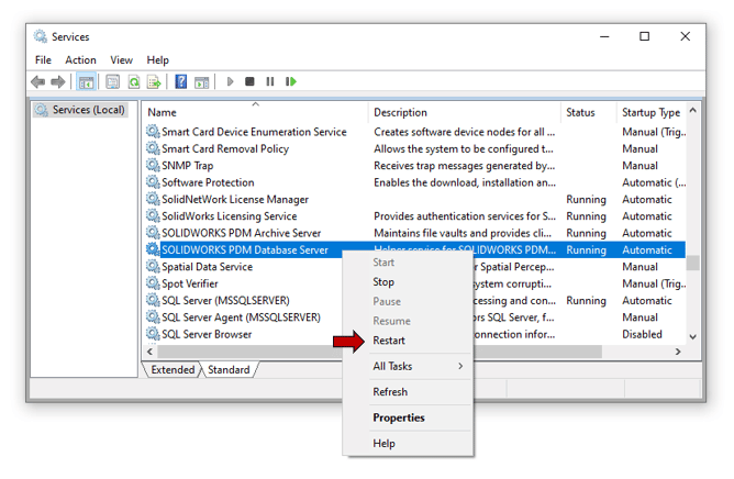 SOLIDWORKS Veritabanı Sunucu servisini yeniden başlatma ekran görüntüsü