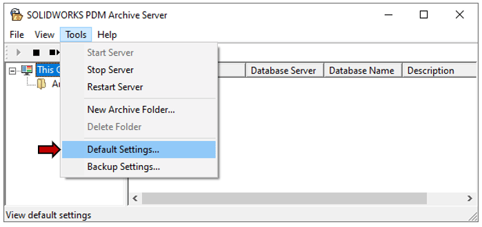 SOLIDWORKS PDM Arşiv Sunucusu Varsayılan Ayarlar menüsünü gösteren ekran görüntüsü