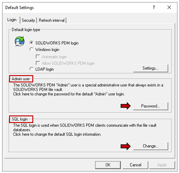 SOLIDWORKS PDM Varsayılan Ayarlar iletişim kutusunda Yönetici kullanıcı şifresi ve SQL giriş ayarlarını gösteren ekran görüntüsü