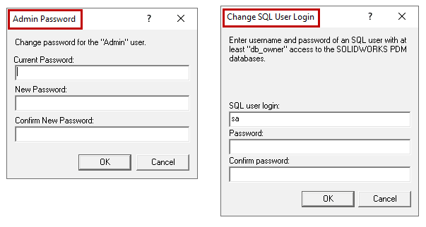 SOLIDWORKS PDM şifre güncelleme ekranını gösteren ekran görüntüsü