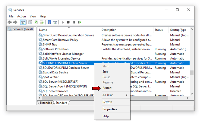Windows Hizmetleri'nde SOLIDWORKS PDM Arşiv Sunucusu'nu yeniden başlatma işlemini gösteren ekran görüntüsü