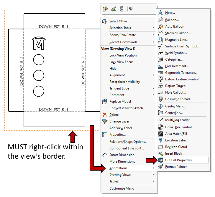 显示SOLIDWORKS工程图中切割清单属性菜单的屏幕截图