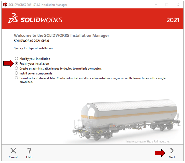 SOLIDWORKS Onarım ekranı