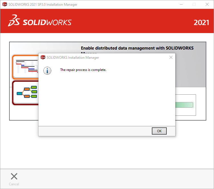 SOLIDWORKS Onarım tamamlandı ekranı