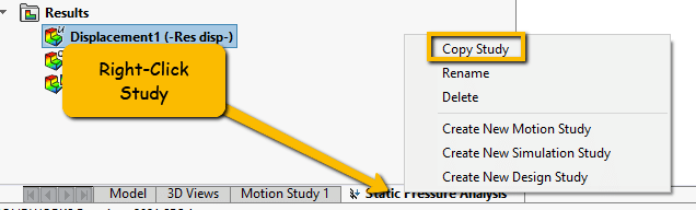 SOLIDWORKS Simulation çalışmasını kopyalama menüsünü gösteren ekran görüntüsü