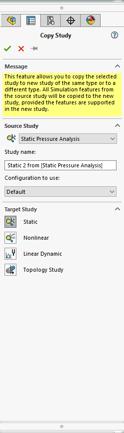 SOLIDWORKS Simulation çalışma kopyalama diyalog kutusunu gösteren ekran görüntüsü