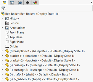 Screenshot des SOLIDWORKS Feature-Manager-Baums, der eine feste Komponente in der Baugruppe zeigt