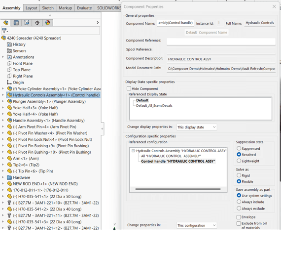 Captura de tela da caixa de diálogo Propriedades do componente do SOLIDWORKS para tornar uma submontagem flexível