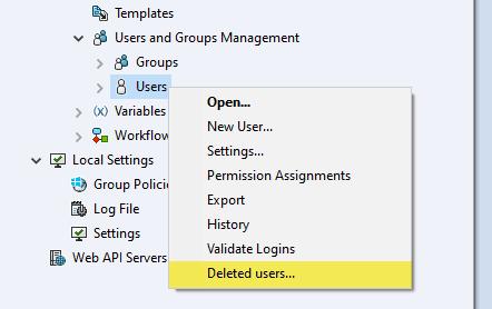 Screenshot che mostra il clic destro sul nodo Utenti nello strumento di Amministrazione SOLIDWORKS PDM