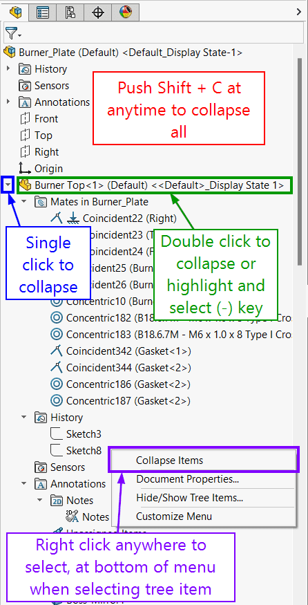 SOLIDWORKS FeatureManager 디자인 트리에서 피처 트리를 축소하는 다양한 방법을 보여주는 스크린샷
