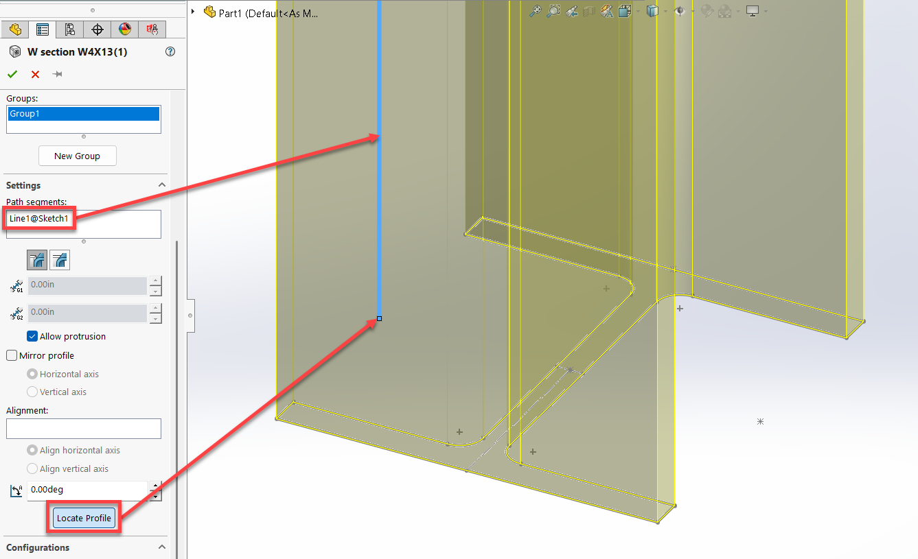 Screenshot demonstrating how to locate weldment profile in SOLIDWORKS using the Locate Profile feature