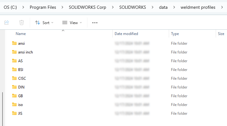 Windows Explorer screenshot showing SOLIDWORKS weldment profiles folder location