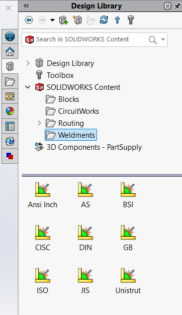 Screenshot showing weldment profile library in SOLIDWORKS Design Library