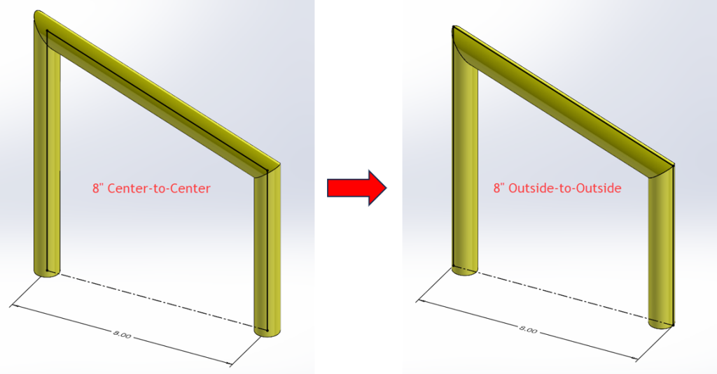 SOLIDWORKS screenshot showing pipe distance measured from outside to outside instead of center-to-center