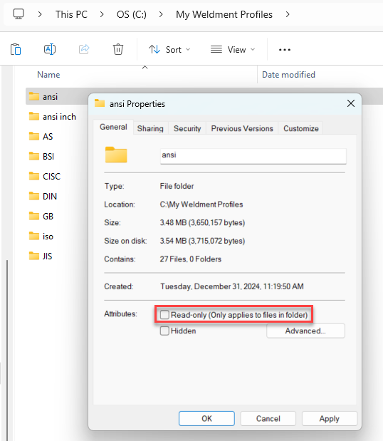 Windows screenshot showing read-only option unchecked in folder properties