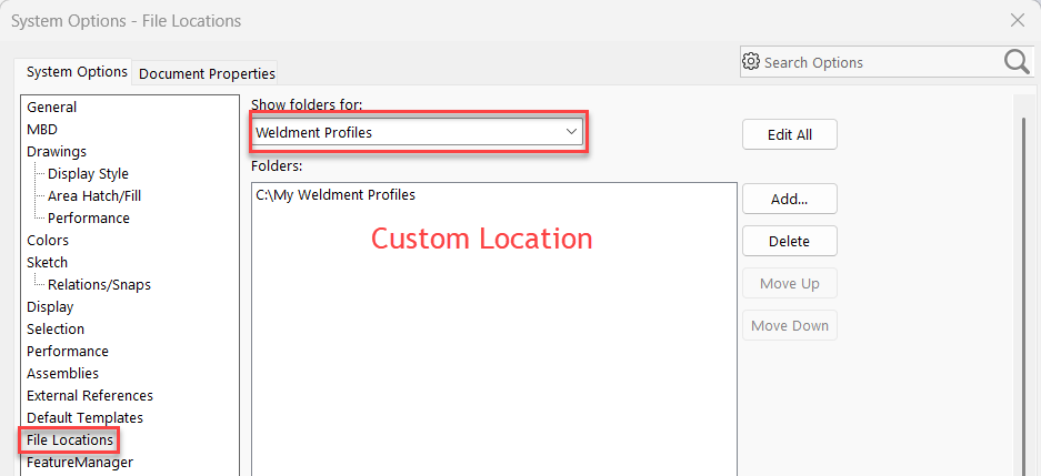 Screenshot showing new folder path added in SOLIDWORKS system options