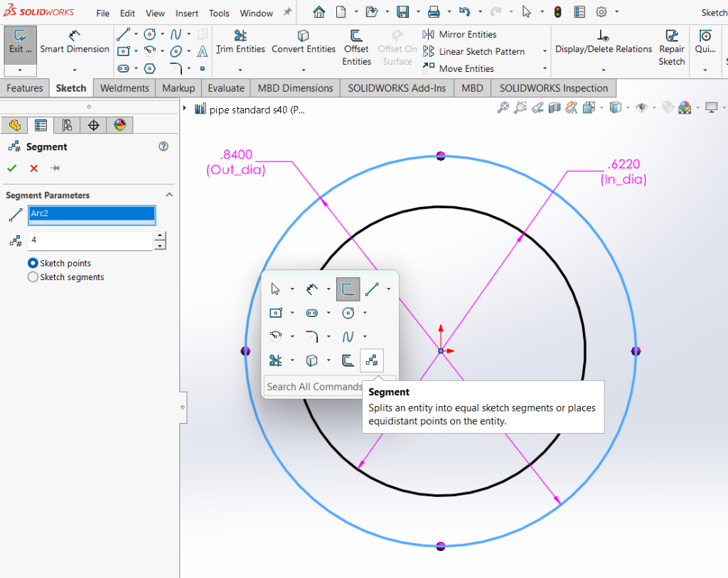 Screenshot demonstrating how to add points using the Segment command in SOLIDWORKS