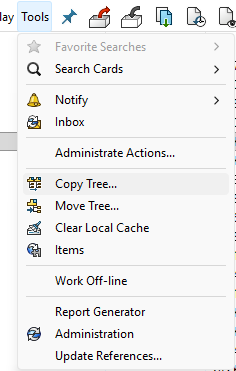 Screenshot che mostra il menu di accesso e l&rsquo;interfaccia di SOLIDWORKS PDM Copy Tree