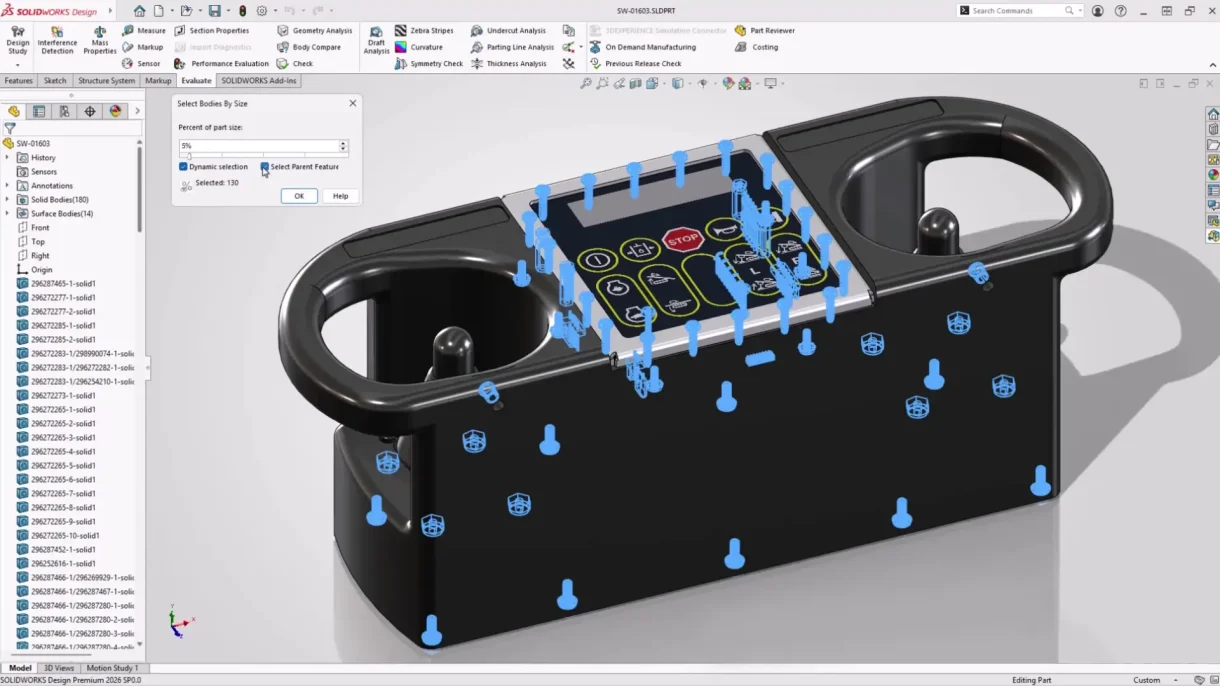 Screenshot showing SOLIDWORKS 2026 background processing feature with multi-body part selection