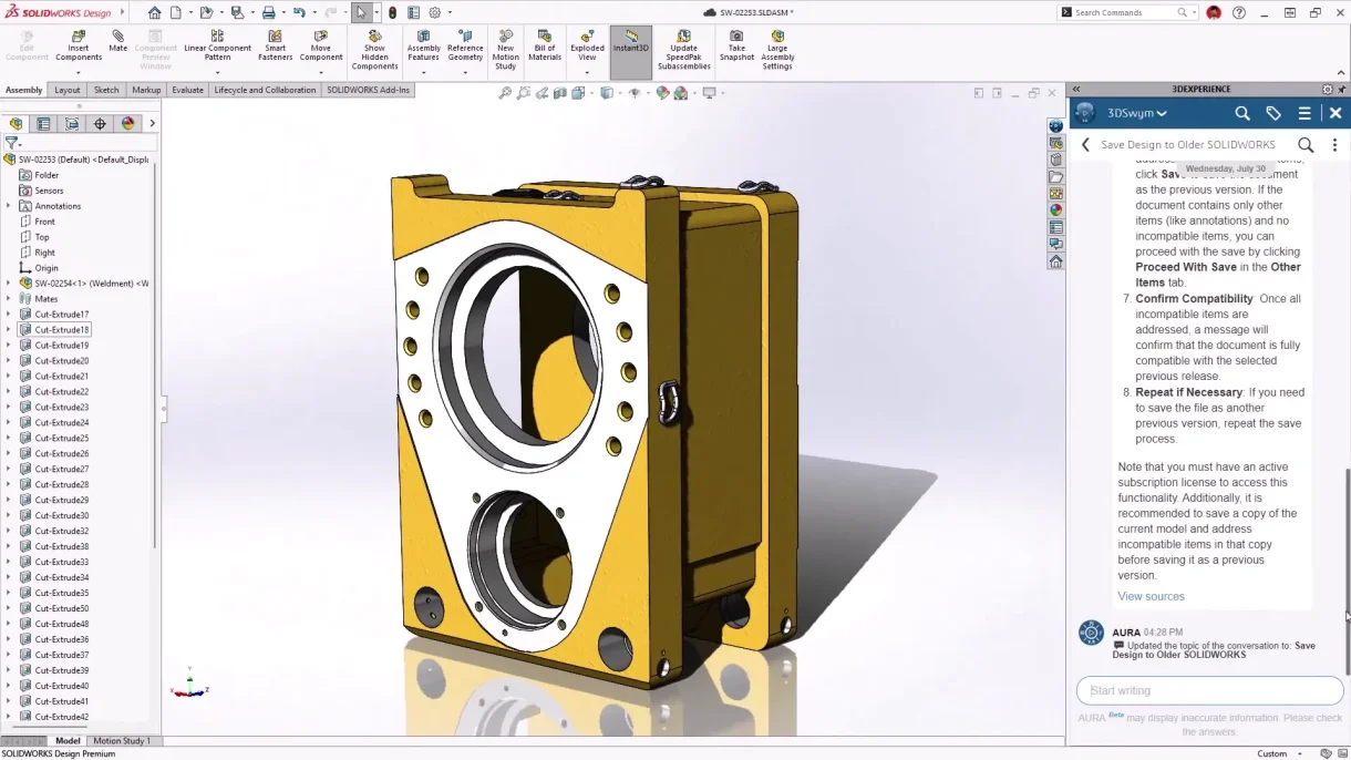Screenshot of integrated AI assistant feature in SOLIDWORKS 2026